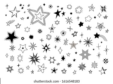 Set of black hand drawn doodle stars. Vector line art design isolated on white background