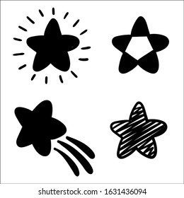 Set of black hand drawn doodle stars.