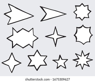 Set of black hand drawn doodle stars in isolated on white background.