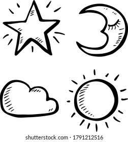 Conjunto de estrellas de doodle dibujadas a mano negra, luna, sol, nube aislada en el fondo del papel.