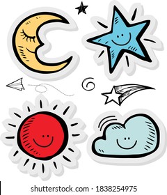 Set of black hand drawn doodle star,moon,sun,cloud in isolated on paper background.