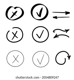 Set Of Black Hand Drawn Doodle Check Symbols And Checkbox