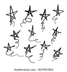 Conjunto de estrellas de doodle dibujadas a mano negra aisladas sobre fondo blanco. Estilo de dibujo de Doodle. Colección de estrellas con rizos