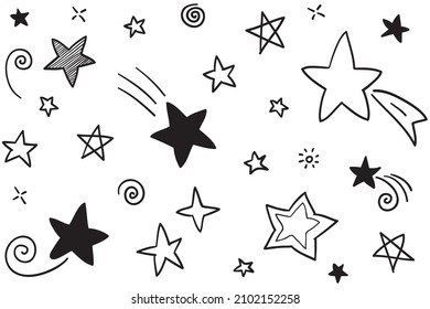 Conjunto de estrellas de doodle dibujadas a mano negra aisladas sobre fondo blanco.