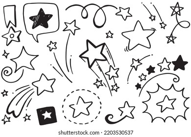 Set of black hand drawn doodle stars in isolated on white background.