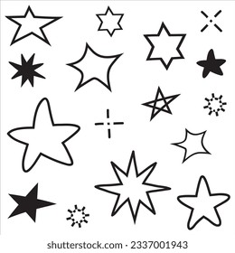 Set of black hand drawn doodle stars in isolated on white background.
