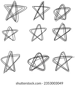 Satz schwarz handgezeichneter Doodle-Sterne auf einzeln weißem Hintergrund