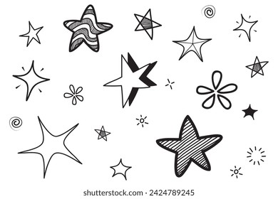 Conjunto de estrellas de garabato dibujado a mano negro en aislado sobre fondo blanco.