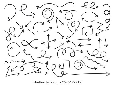 Conjunto de flechas en espiral negras, dibujadas a mano, doodle.