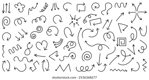 Set of black, hand drawn, doodle spiral arrows.