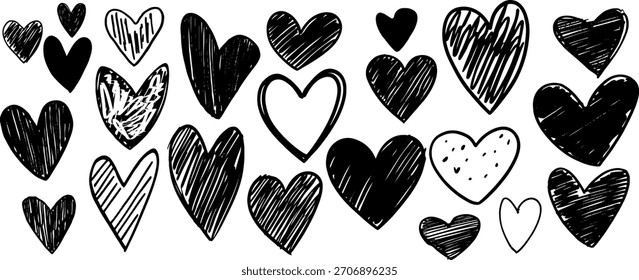 Set of black  hand drawn doodle heart sketches isolated on white background, modern vector icons for love, scrapbooking, print and web design.