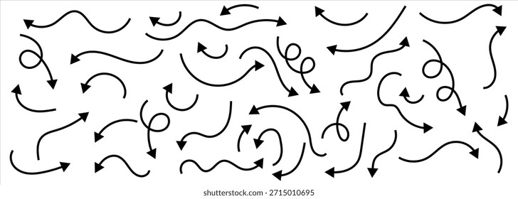 Conjunto de flecha de doodle dibujado a mano negro. Flechas negras de línea delgada que apuntan a la dirección diferente. Flechas de línea fina aisladas sobre fondo blanco.