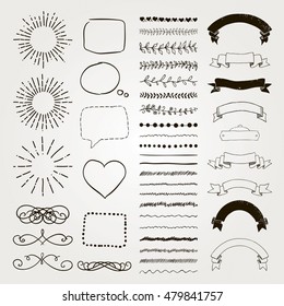 Set of Black Hand Drawn Doodle Design Elements. Rustic Decorative Line Borders, Dividers, Arrows, Swirls, Scrolls, Ribbons, Banners, Frames Corners Objects. Vector Illustration