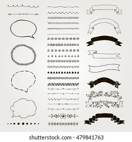 Set of Black Hand Drawn Doodle Design Elements. Rustic Decorative Line Borders, Dividers, Arrows, Swirls, Scrolls, Ribbons, Banners, Frames Corners Objects. Vector Illustration
