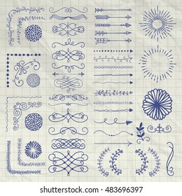 Set of Black Hand Drawn Doodle Design Elements. Rustic Decorative Borders, Dividers, Arrows, Swirls, Scrolls, Corners, Objects on Crumpled Notebook Texture. Vector Illustration
