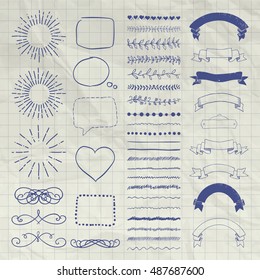 Set of Black Hand Drawn Doodle Design Elements. Rustic Decorative Borders, Dividers, Swirls, Sunbursts, Speech Bubbles, Ribbons, Objects on Crumpled Notebook Texture. Vector Illustration