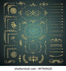 Set of Black Hand Drawn Doodle Design Elements. Rustic Decorative Line Borders, Dividers, Arrows, Swirls, Scrolls, Frames, Corners, Objects. Vector Illustration