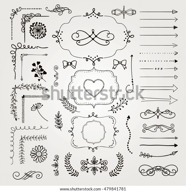 Set of Black\
Hand Drawn Doodle Design Elements. Rustic Decorative Line Borders,\
Dividers, Arrows, Swirls, Scrolls, Ribbons, Banners, Frames Corners\
Objects. Vector\
Illustration
