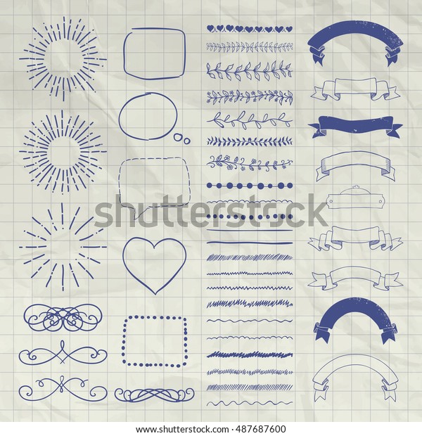 Set of Black Hand Drawn Doodle Design\
Elements. Rustic Decorative Borders, Dividers, Swirls, Sunbursts,\
Speech Bubbles, Ribbons, Objects on Crumpled Notebook Texture.\
Vector Illustration