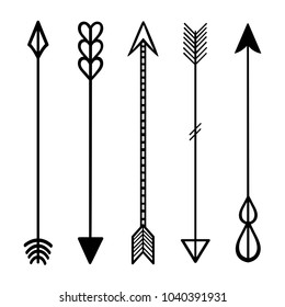 Set of black hand drawn doodles arrows. Hipster ethnic  tribal vector elements. For print, poster, greeting card