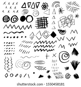 Set of black hand drawn elements in memphis style. Isolated circles, patterns, symbols on a white background.
