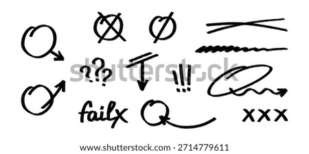 Set of black hand drawn exam and grade correction marks. Includes arrows, crossed out circles, question exclamation marks, and fail text. Vector doodles perfect for educational feedback, school tests.