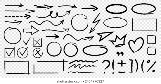 Set of black hand drawn grunge doodle spiral and curved charcoal, chalk arrows, circle, frame, abstract shapes. Scribble symbols of direction pointers, swirl arrow elements for infographic design
