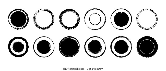 Set of black hand drawn grunge doodle charcoal, pencil, chalk  brush circle border frames. Watercolor vector illustration template borders design for website, banner, app, poster, background, card