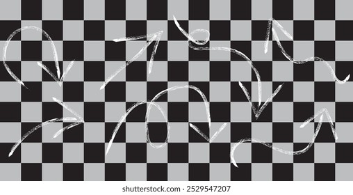 Set aus schwarzer handgezeichneter Grunge-Doodle-Spiralkohle, Kreidepfeilen, Stempel, abstrakten Formen. Scribble Symbole von Richtungszeigern, Drallpfeilelemente für Infografik