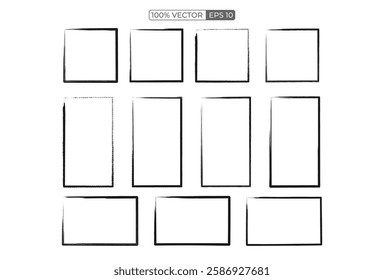 Set of black hand drawn grunge doodle charcoal, pencil, chalk square, rectangle border frames. Vector illustration template 