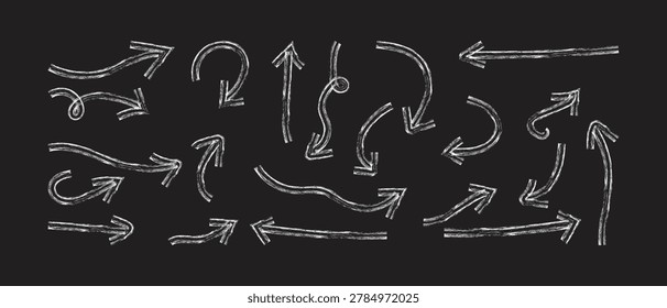 Set of black hand drawn grunge doodle spiral and curved charcoal, chalk arrows.  Each arrow layers crayon style, pencil marks, underline touches and brush motion.  