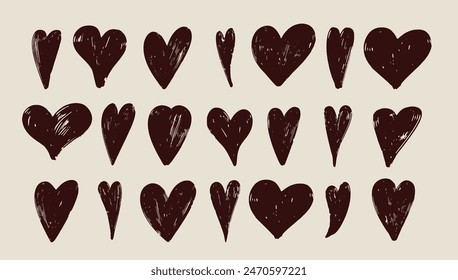 Conjunto de corazón dibujado a mano negro. Mano dibujado áspero pincel trazo corazones aislados sobre fondo blanco. Corazones dibujados a mano. Elementos de diseño para San Valentín. Ilustración vectorial para tu Diseño gráfico.