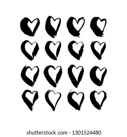 Set of black hand drawn hearts. Ink brush drawn design elements for love story, greeting card, invitation, wedding, St. Valentine day.