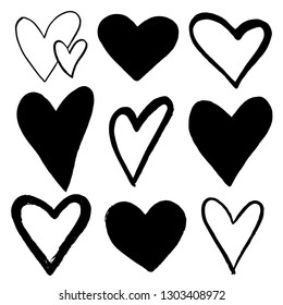 Set of Black hand drawn hearts on white background. Design element for Valentine s day. Vector illustration.