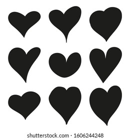 Set of black hand drawn hearts. Vector collection of hearts for Valentines Day sweethearts.