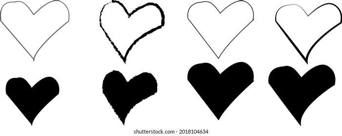 set of black hand drawn hearts Isolated on White Background.isometric vector black love shapes.

