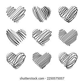 Colores dibujados a mano negra para el Día de San Valentín. Estilo de línea de garabato. Colección de elementos aislados de diseño vectorial para icono o botón, tarjeta de saludo, invitación, afiche, banner web.