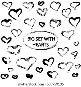 Set with black hand drawn hearts in grunge style. Vector illustration