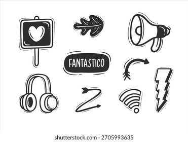 Conjunto De Iconos Y Signos Dibujados A Mano En Negro Sobre Fondo Blanco.