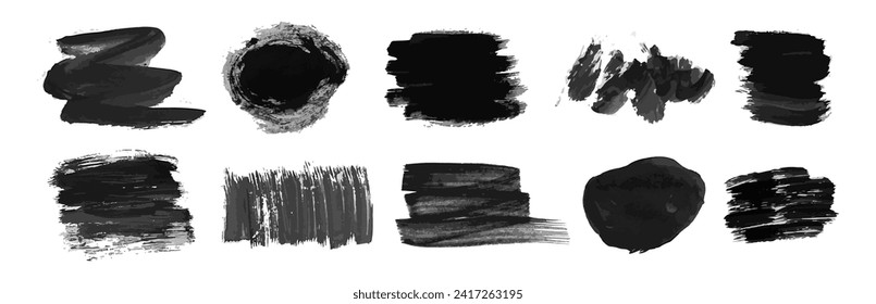 Conjunto de manchas de tinta dibujadas a mano negra. manchas de tinta aisladas sobre fondo blanco. Ilustración del vector