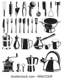 Set of black hand drawn kitchen tools on white background vector illustration