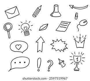 Set of black hand drawn line elements, curved, with arrows, speech bubble, heart, stationery, exclamation mark