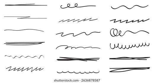 Set of black hand drawn marker pen stroke line design element doodle scribble underline . eps 10