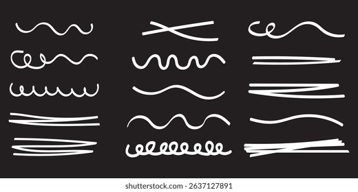 Set of black hand drawn marker pen stroke line transparent background design element doodle scribble underline.