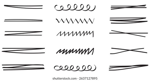 Set of black hand drawn marker pen stroke line transparent background design element doodle scribble underline.