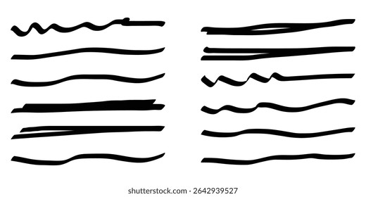 Conjunto de linhas de traçado de caneta marcadoras desenhadas à mão preta em plano de fundo branco isolado. Coleção de conjuntos de sublinhados rabiscados de elemento de design.