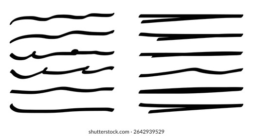 Set of black hand drawn marker pen stroke line on isolated white background. Design element doodle scribble underline set collection.