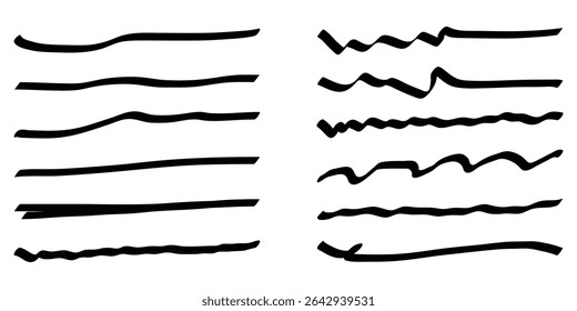 Conjunto de linhas de traçado de caneta marcadoras desenhadas à mão preta em plano de fundo branco isolado. Coleção de conjuntos de sublinhados rabiscados de elemento de design.