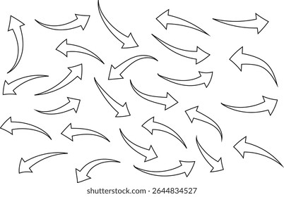 Set van zwarte hand getekend omtrek curve pijl, omtrek pijl symbool vector illustratie.