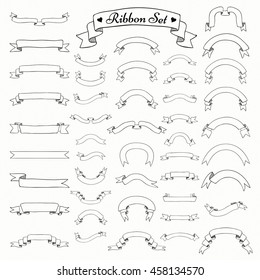 Set of Black Hand Drawn Outlined Ribbons and Banners. Doodle Sketched Rustic Decorative Ribbons Variation. Vintage Vector Illustration.
